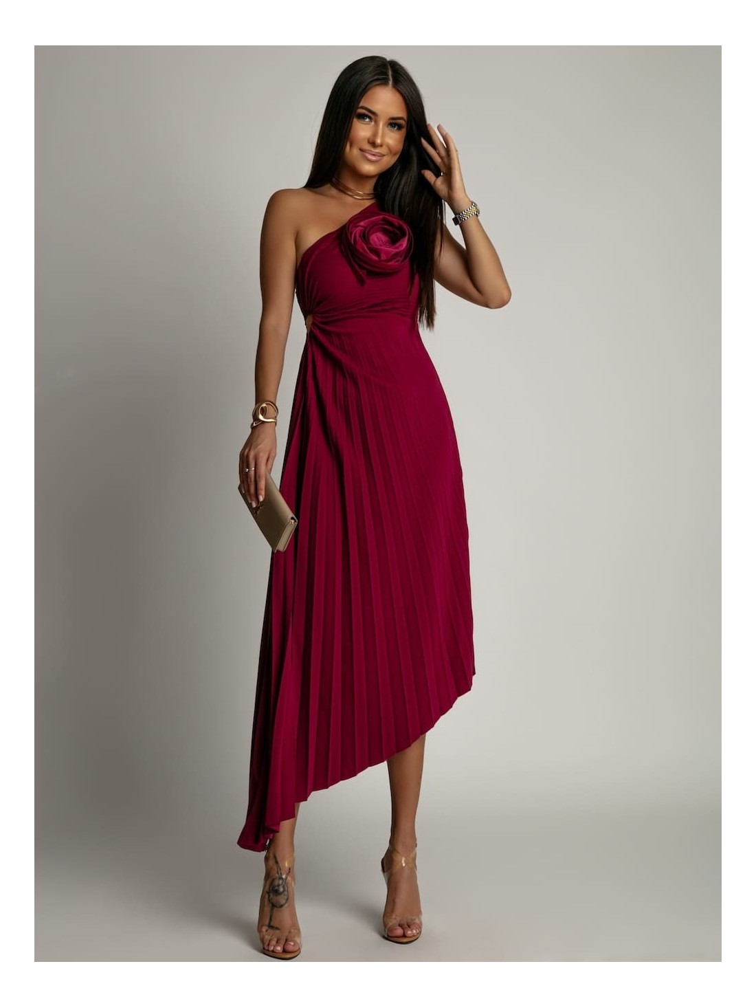 Elegant pleated dress with a flower, plum, AZRHP6987